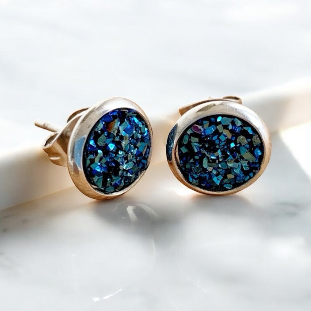 NWT Blue Druzy Surgical Steel Stud Earrings – 8mm, Hypoallergenic - Picture 2 of 10